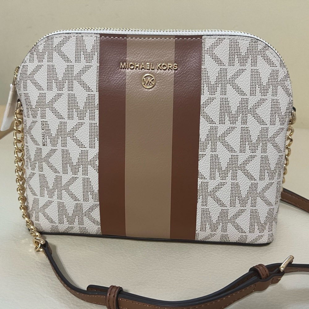 Michael Kors center stripe crossbody bag vanilla/ luggage